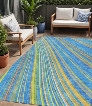 5' X 8' Denim Blue Sky Blue And Gold Striped Washable Indoor Outdoor Area Rug