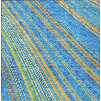 5' X 8' Denim Blue Sky Blue And Gold Striped Washable Indoor Outdoor Area Rug