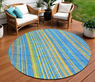 8' Denim Blue Sky Blue And Gold Round Striped Washable Indoor Outdoor Area Rug