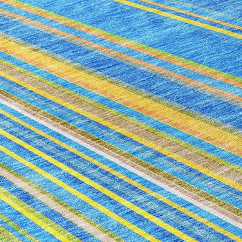8' Denim Blue Sky Blue And Gold Round Striped Washable Indoor Outdoor Area Rug