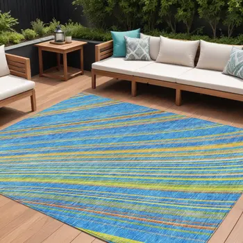 8' X 10' Denim Blue Sky Blue And Gold Striped Washable Indoor Outdoor Area Rug