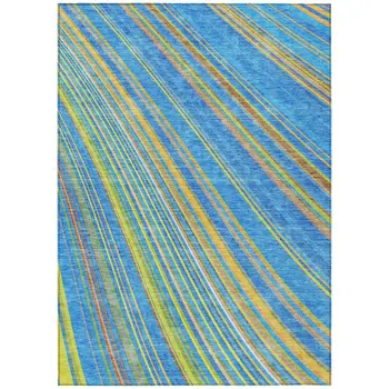 9' X 12' Denim Blue Sky Blue And Gold Striped Washable Indoor Outdoor Area Rug