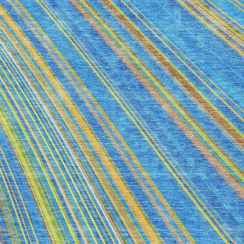 9' X 12' Denim Blue Sky Blue And Gold Striped Washable Indoor Outdoor Area Rug