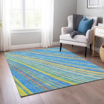 9' X 12' Denim Blue Sky Blue And Gold Striped Washable Indoor Outdoor Area Rug