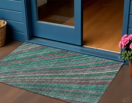 3' X 5' Emerald Gray And Merlot Striped Washable Indoor Outdoor Area Rug