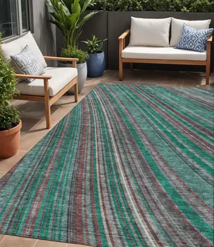 5' X 8' Emerald Gray And Merlot Striped Washable Indoor Outdoor Area Rug