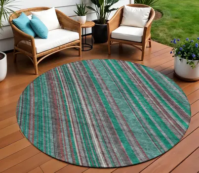 8' Emerald Gray And Merlot Round Striped Washable Indoor Outdoor Area Rug