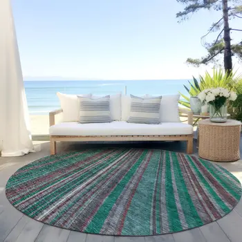 8' Emerald Gray And Merlot Round Striped Washable Indoor Outdoor Area Rug