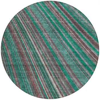 8' Emerald Gray And Merlot Round Striped Washable Indoor Outdoor Area Rug