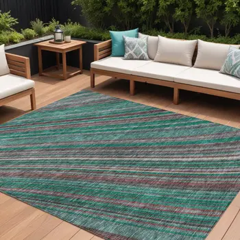 9' X 12' Emerald Gray And Merlot Striped Washable Indoor Outdoor Area Rug