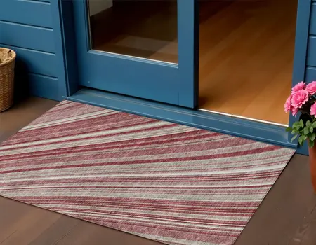 3' X 5' Burgundy Blush And Gray Striped Washable Indoor Outdoor Area Rug