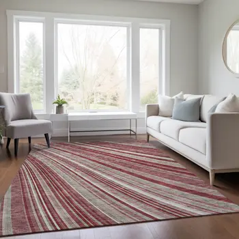 5' X 8' Burgundy Blush And Gray Striped Washable Indoor Outdoor Area Rug