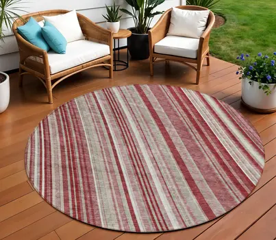 8' Burgundy Blush And Gray Round Striped Washable Indoor Outdoor Area Rug