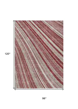 8' X 10' Burgundy Blush And Gray Striped Washable Indoor Outdoor Area Rug