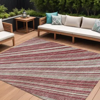 10' X 14' Burgundy Blush And Gray Striped Washable Indoor Outdoor Area Rug