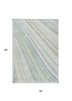 3' X 5' Ivory Blue And Green Striped Washable Indoor Outdoor Area Rug