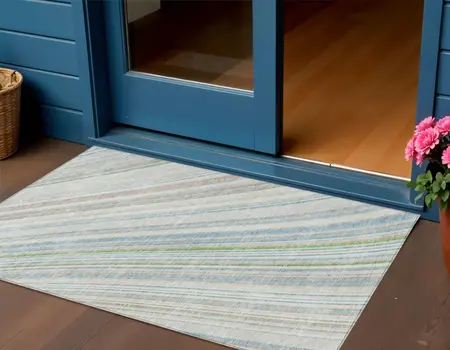 3' X 5' Ivory Blue And Green Striped Washable Indoor Outdoor Area Rug