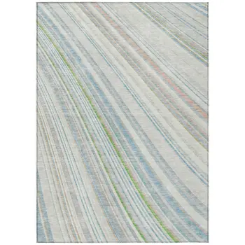 3' X 5' Ivory Blue And Green Striped Washable Indoor Outdoor Area Rug