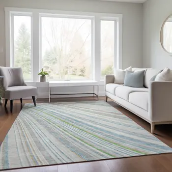 3' X 5' Ivory Blue And Green Striped Washable Indoor Outdoor Area Rug
