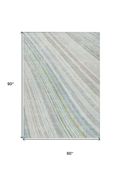 5' X 8' Ivory Blue And Green Striped Washable Indoor Outdoor Area Rug