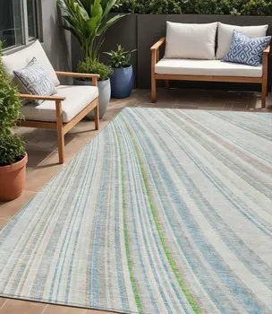 5' X 8' Ivory Blue And Green Striped Washable Indoor Outdoor Area Rug