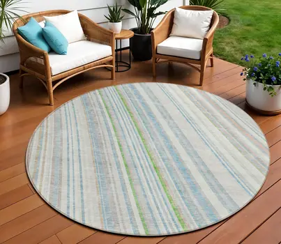 8' Ivory Blue And Green Round Striped Washable Indoor Outdoor Area Rug