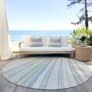 8' Ivory Blue And Green Round Striped Washable Indoor Outdoor Area Rug