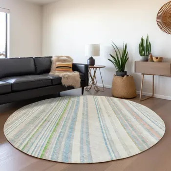 8' Ivory Blue And Green Round Striped Washable Indoor Outdoor Area Rug