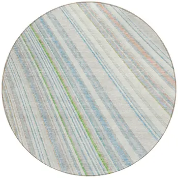 8' Ivory Blue And Green Round Striped Washable Indoor Outdoor Area Rug
