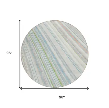8' Ivory Blue And Green Round Striped Washable Indoor Outdoor Area Rug