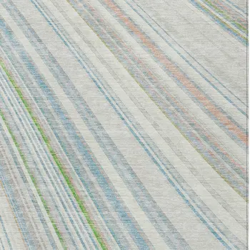 8' X 10' Ivory Blue And Green Striped Washable Indoor Outdoor Area Rug