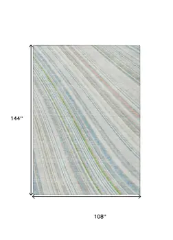 9' X 12' Ivory Blue And Green Striped Washable Indoor Outdoor Area Rug