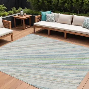 9' X 12' Ivory Blue And Green Striped Washable Indoor Outdoor Area Rug