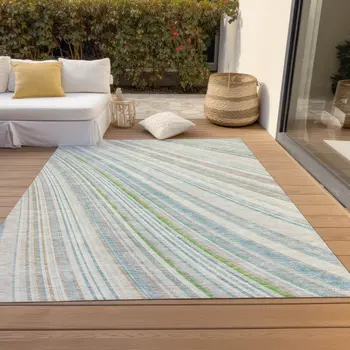9' X 12' Ivory Blue And Green Striped Washable Indoor Outdoor Area Rug