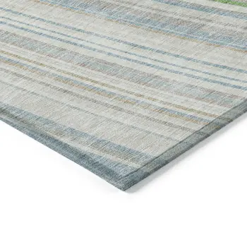 9' X 12' Ivory Blue And Green Striped Washable Indoor Outdoor Area Rug