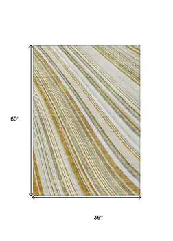 3' X 5' Linen Ivory And Gold Striped Washable Indoor Outdoor Area Rug