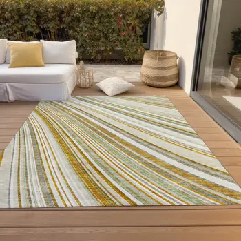 3' X 5' Linen Ivory And Gold Striped Washable Indoor Outdoor Area Rug