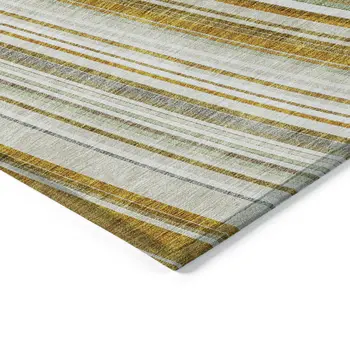 3' X 5' Linen Ivory And Gold Striped Washable Indoor Outdoor Area Rug