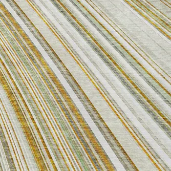 3' X 5' Linen Ivory And Gold Striped Washable Indoor Outdoor Area Rug