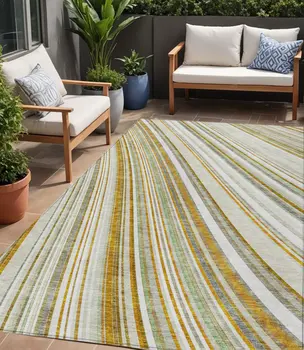 5' X 8' Linen Ivory And Gold Striped Washable Indoor Outdoor Area Rug