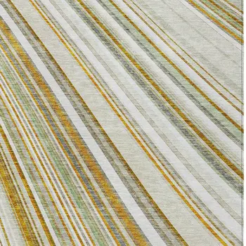 5' X 8' Linen Ivory And Gold Striped Washable Indoor Outdoor Area Rug