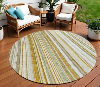 8' Linen Ivory And Gold Round Striped Washable Indoor Outdoor Area Rug