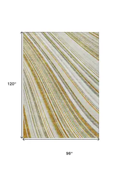 8' X 10' Linen Ivory And Gold Striped Washable Indoor Outdoor Area Rug
