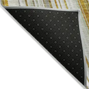 9' X 12' Linen Ivory And Gold Striped Washable Indoor Outdoor Area Rug