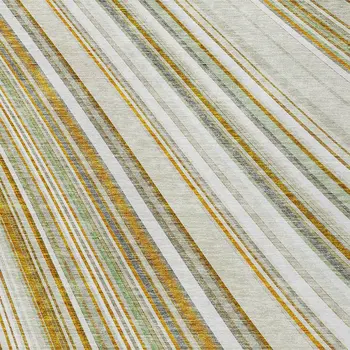 9' X 12' Linen Ivory And Gold Striped Washable Indoor Outdoor Area Rug