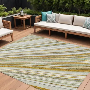 10' X 14' Linen Ivory And Gold Striped Washable Indoor Outdoor Area Rug