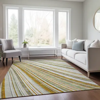 10' X 14' Linen Ivory And Gold Striped Washable Indoor Outdoor Area Rug