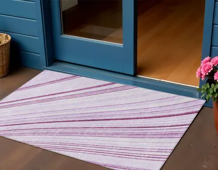 3' X 5' Lavender Ivory And Eggplant Striped Washable Indoor Outdoor Area Rug