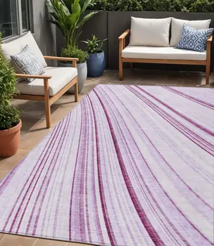 5' X 8' Lavender Ivory And Eggplant Striped Washable Indoor Outdoor Area Rug
