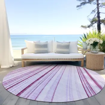 8' Lavender Ivory And Eggplant Round Striped Washable Indoor Outdoor Area Rug